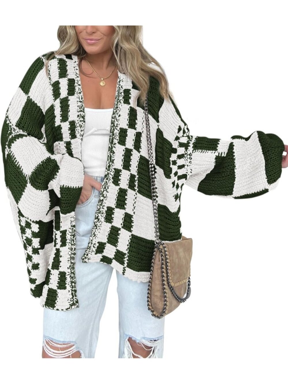 🧥Women's Dark Green Cardigan Sweater Open Front Chunky Knit Loose Fit Checkered